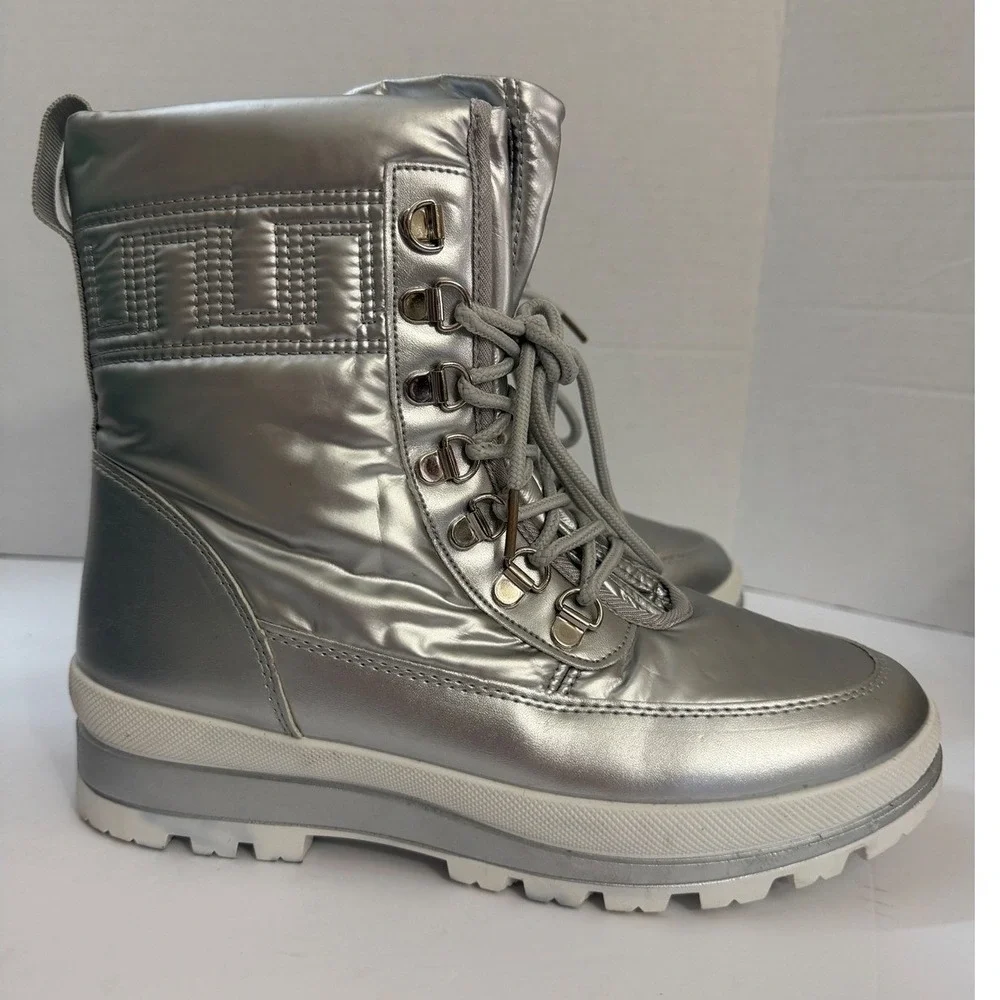 Metallic Silver Puffer Snow Boots Faux Fur Lined Platform Lug Sole Women 6 EU 37